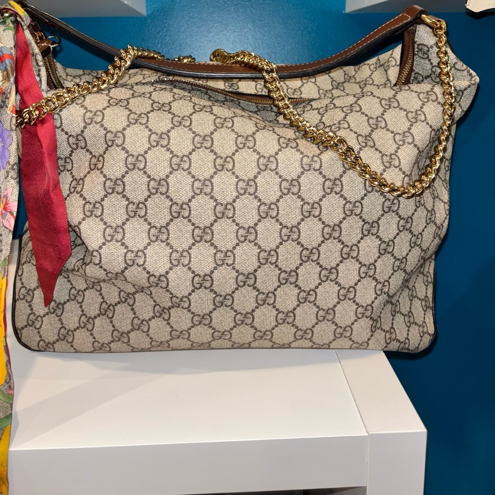 Gucci Beige GG Monogram Shoulder Bag with Gold Chain